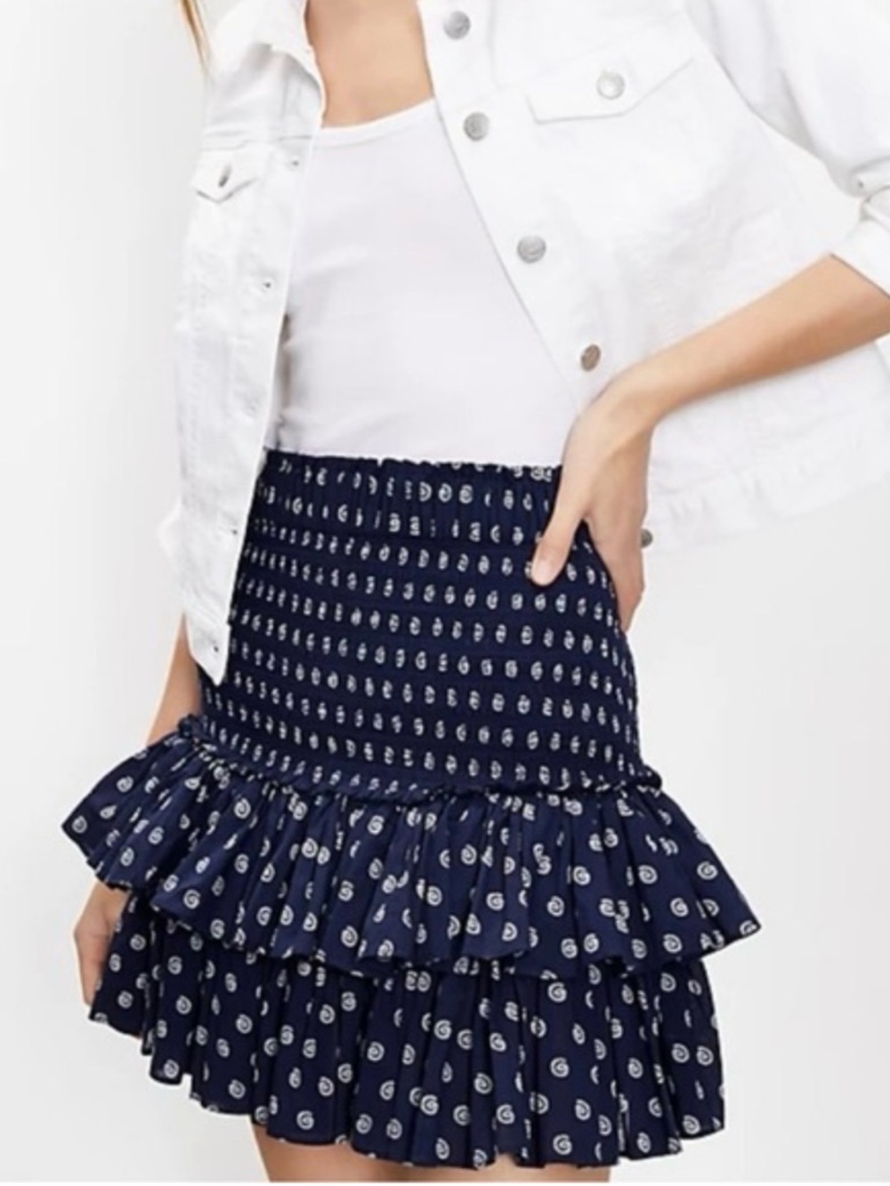 LOFT Navy Smocked Ruffle Mini Skirt Paisley Print XS NWT Tiered